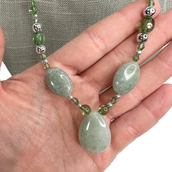 Aventurine Polished Stone Beaded Necklace & Pierced Earrings Set - Picture 3 of 12